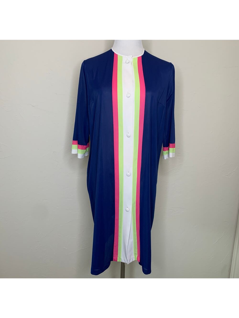 Vintage Button Front Nylon Robe Blue Pink Lime Green White Stripes Sz Small